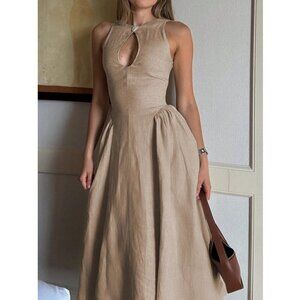 Hollow Front Cinched Waist A-Line Side Ruched Maxi Dress tan
